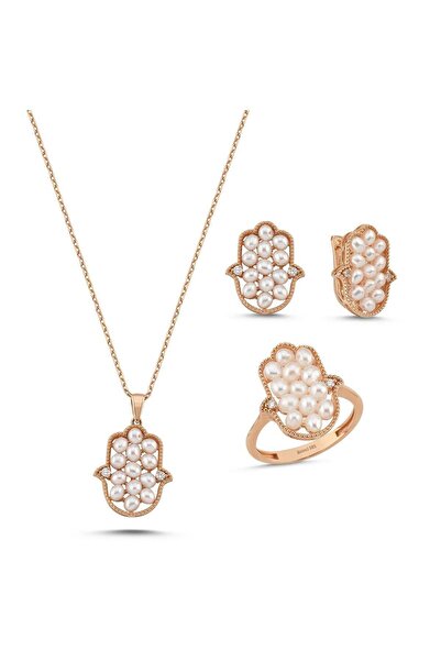 Birinci 14 Ayar Altın Fatma Elli Doğal İnci 0,15 Ct Pırlanta Küpe Kolye Yüzük Üçlü Set