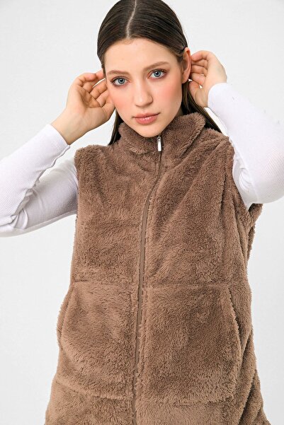 EtkiModa Дамска плюшена жилетка с цип и стояща яка от норка