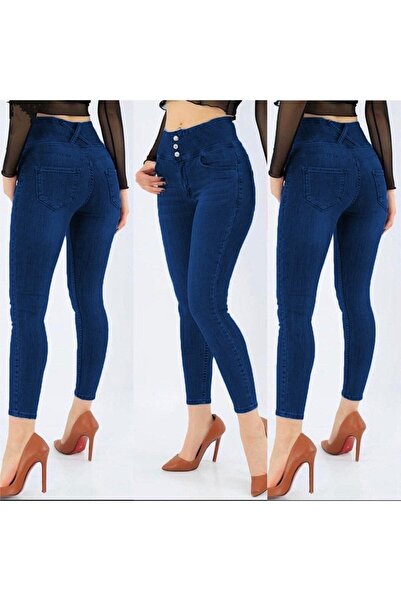 rengamoda Pantaloni de damă, skinny și slim, cu 3 nasturi, albastru închis, c...