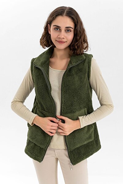 EtkiModa Kadın Haki Dik Yaka Fermuarlı Peluş Yelek