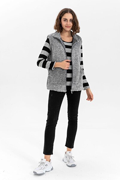 EtkiModa Γυναικείο βελούδινο γιλέκο με γκρι όρθιο γιακά με φερμουάρ