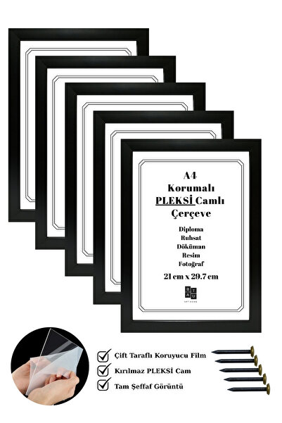 Batu Art Home 5 Adet A4 Çerçeve Korumalı Kırılmaz Pleksi Camlı Belge Diploma Resim Fotoğraf Asılabilir 21x29.7 Cm