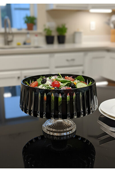 AKDEN STORE Crystal Decor Black Glass Bowl, Salad Bowl, Presentation Bowl, Fruit Bowl