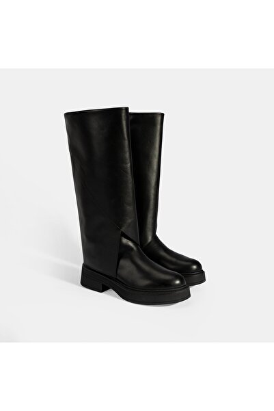 Desa Women's Black Leather Boots with Fold Detail