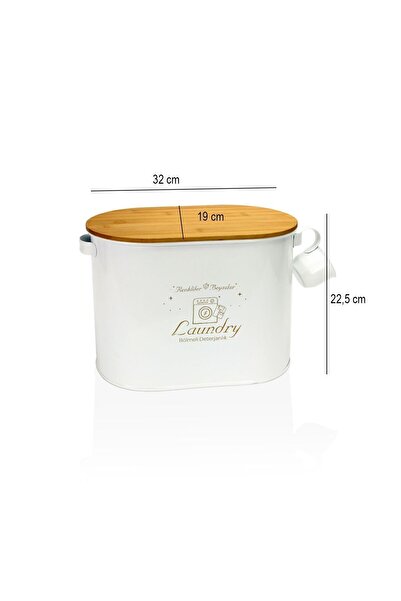 Laundry Металевий контейнер з кришкою з бамбука, з роздільниками та шкалою для порошку, коробка для зберігання таблеток, білий