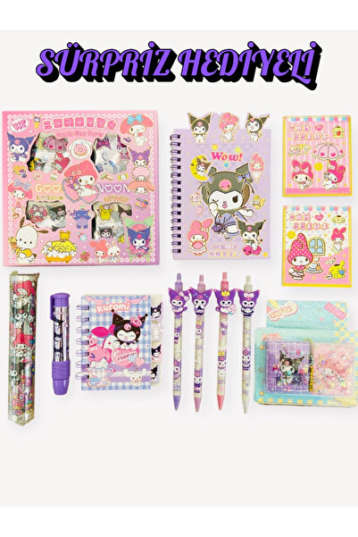 ÖZ OFİS Kuromi Sanrio Kawai 17 Parça Kırtasiye Seti Uçlu Kalem Not Defteri Kutulu Sticker Mini Defter Set