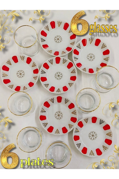 SAMSA Gold Red Patterned Glass Cup Porland Plate Porcelain 6 Person Tea Set