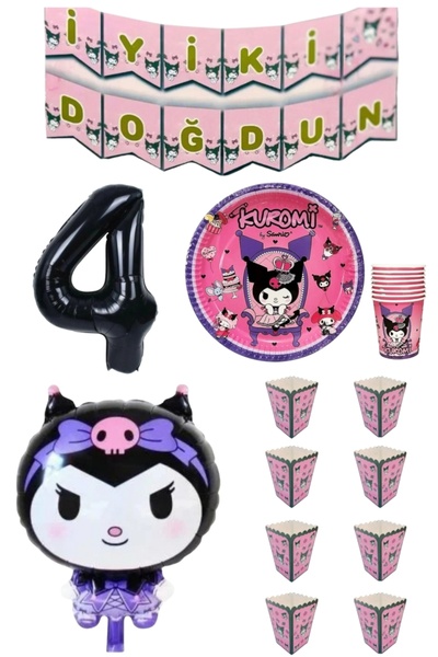 SİNDA Kuromi Doğum Günü Partisi Seti - 8 Kişilik Tabak, Bardak, Mısır Kutusu ...