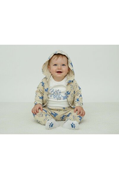 atabay Dog Printed Hooded Cardigan Body Suit Bottom Top Set Beige