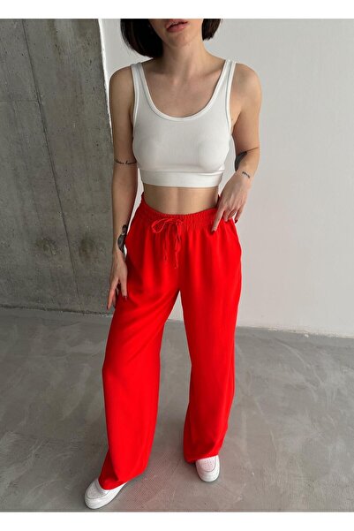 MADAME MELEK Linda Fabric Black Linen Blend Loose Cut Pants Elastic Waist Lace-Up