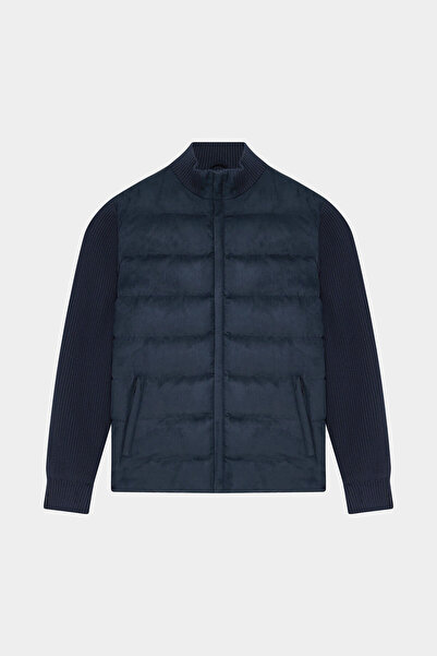 W Collection Stand-Up Collar Zippered Dark Blue Coat