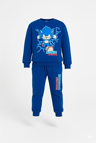 LİTTLE TORTOİSE Erkek Çocuk Mavi Sonic Baskılı Uzun Kollu 3 Iplik ŞARDONLU Kışlık Sweatshirt / Eşofman Takımı