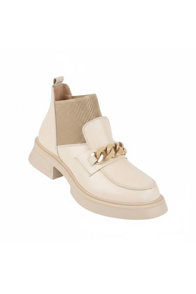 TUNAELLİ Kadın Bej Hakiki Doğal Deri Zincirli Bot