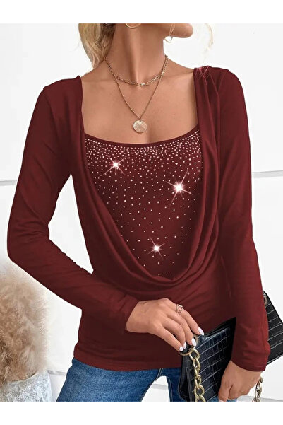 ARONA Mdb Women's Long Sleeve Deep Degaje Collar Stoned Sandy Blouse