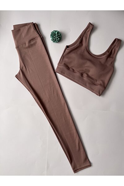 VELOURE Kadın Spor Tayt alt üst takım 2'li Kalın Askılı Pedli Crop Büstiyer,F...