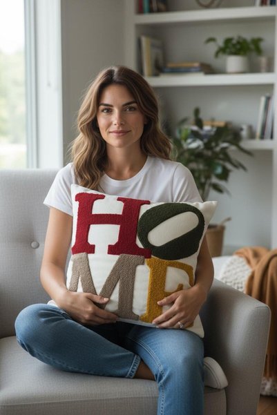 HD HOME COLLECTİON Linen Fabric Home Pattern Embroidered Punch Throw Pillow Cover (43*43 cm)