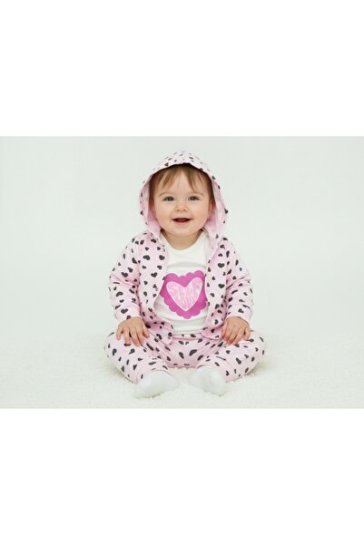 atabay Heart Printed Hooded Cardigan Body Suit Bottom Top Set Pink