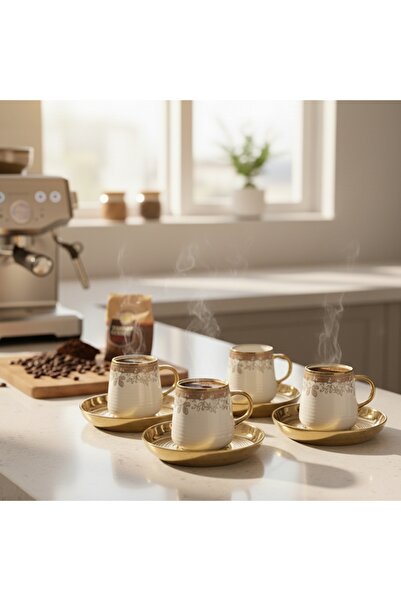 Yonca Hediyelik PORSELEN ÇİÇEKLİ DESENLİ GOLD 6 KİŞİLİK FİNCAN SETİ.ÇEYİZ HED...