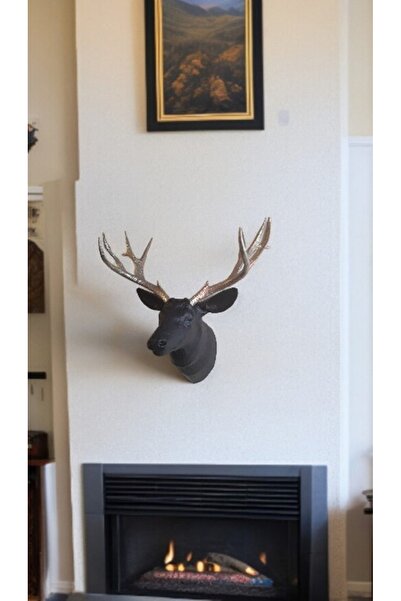 EYA STUDİO Geyik Kafası Duvara Asmalık -yılbaşı Kış Dekorasyonu Siyah Renk Platin Gold Boynuzlu - 30 Cm