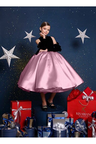 KINGDOM KIDS Kız Çocuk Abiye Elbise – Kadife Üst, Pembe Saten Etek, Çıkarılabilir Kollu