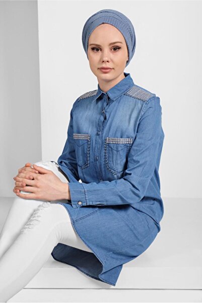 TRENDTESETTÜR Women's Blue (MEDIUM BLUE) Silver Pocket Detailed Tunic 8011