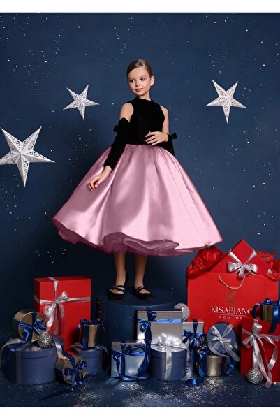 KINGDOM KIDS Kız Çocuk Abiye Elbise – Kadife Üst, Pembe Saten Etek, Çıkarılabilir Kollu