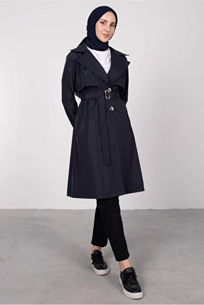 TRENDTESETTÜR Жіночий темно-синій тренчкот з коміром-краваткою та поясом T 7395