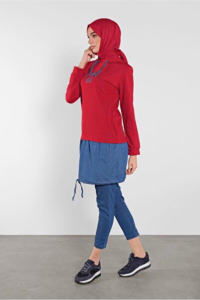 TRENDTESETTÜR Red Hooded Printed Women's Tunic - Model 4302
