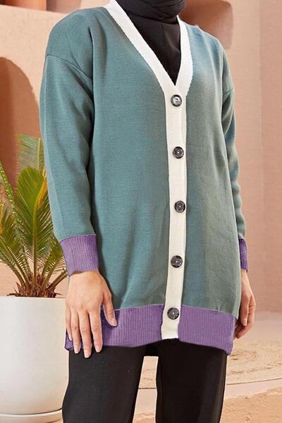 TRENDTESETTÜR Women's Green (REAM) Color Blocked Buttoned Cardigan 5742