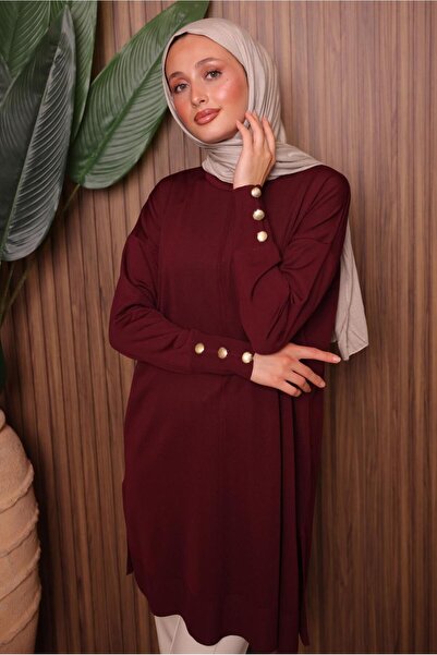 TRENDTESETTÜR Women's Burgundy Button-Detail Tricot Tunic t 5007