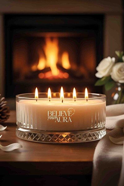 Believe Your Aura Pudra Kokulu Kase Mum - %100 Doğal Soya Mumu Dekoratif ve A...