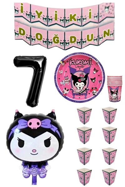 SİNDA Kuromi Doğum Günü Partisi Seti - 8 Kişilik Tabak, Bardak, Mısır Kutusu ...