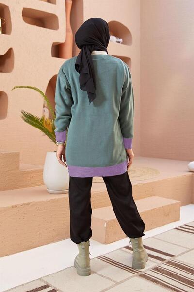 TRENDTESETTÜR Women's Green (REAM) Color Blocked Buttoned Cardigan 5742