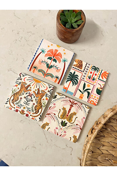 arslart Tropikal Kaplan ve Palmiye Desenli Doğal Taş Bardak Altlığı 4’lü Set,...