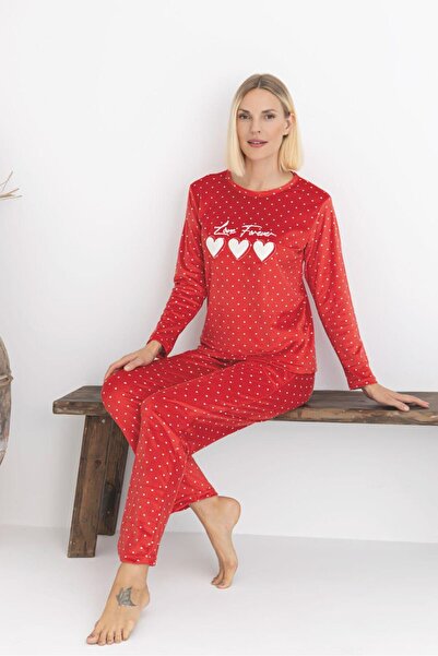 Mina Style Mother Girl Red Polka Dot Heart Embroidered French Velvet Pajama Set