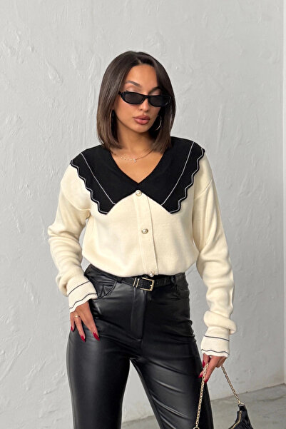 Lusin Dámský svetr Ecru Cardigan - stylový výstřih a detail na knoflíky