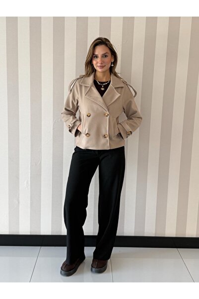 ELSEBUTİKTR معطف نسائي قصير بلون الحجر قصة فضفاضة بأزرار على الجهتين