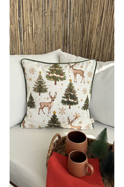 Decamor home Yeni Yıl Temalı Ceylan Desenli Beyaz Yeşil Bej Gold Kırlent Kılıfı Yılbaşı