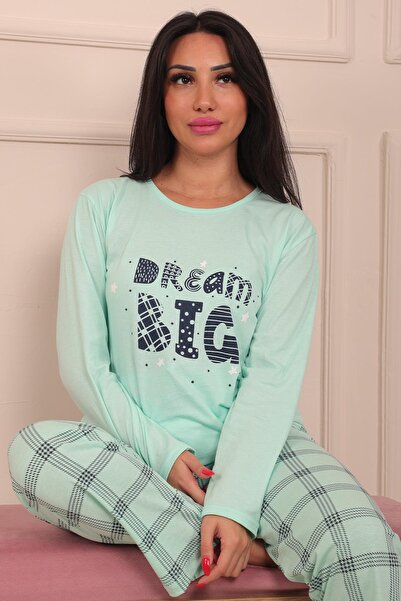 Niket Life Kadın Dream Big Sloganlı Bisiklet Yaka Uzun Kol Altı Uzun Penye Pijama Takımı