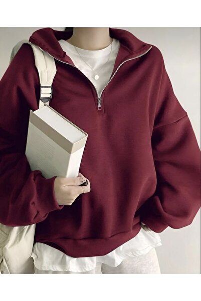 BYMEER Burgundy Stand Collar Zippered Sweatshirt