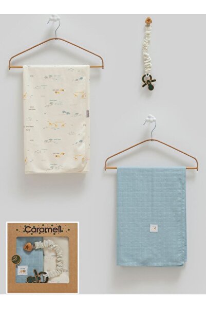 Caramell İncibaby 100% Cotton Premium Baby Boy 3-Piece Cotton Blanket & Muslin Blanket & Pacifier Strap Set