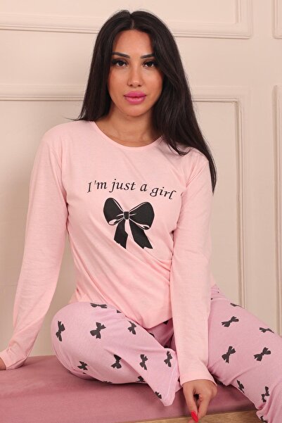 Niket Life Kadın Sloganlı Kurdele Baskılı Bisiklet Yaka Uzun Kol Altı Uzun Penye Pijama Takımı