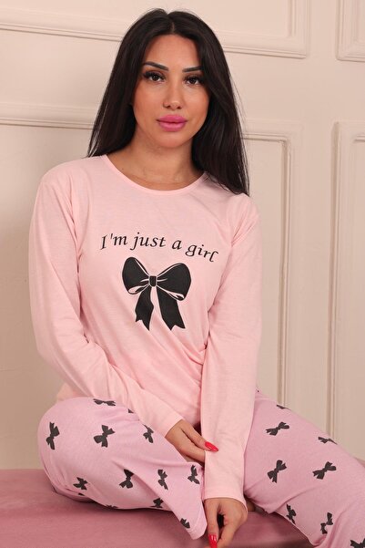 Niket Life Kadın Sloganlı Kurdele Baskılı Bisiklet Yaka Uzun Kol Altı Uzun Penye Pijama Takımı