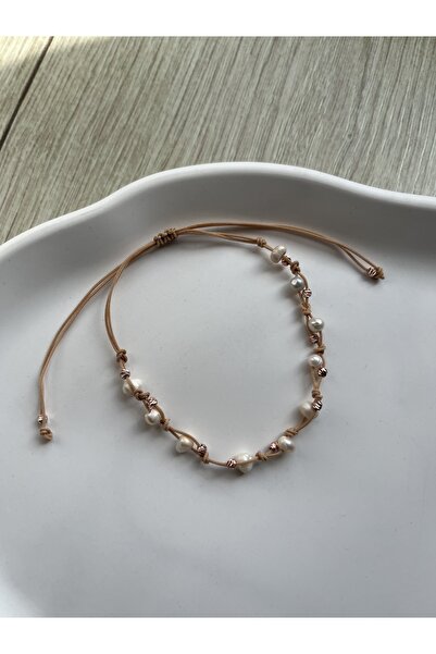 Pel Design Gerçek İnci Rose Gold Detaylı İp Bileklik & Halhal