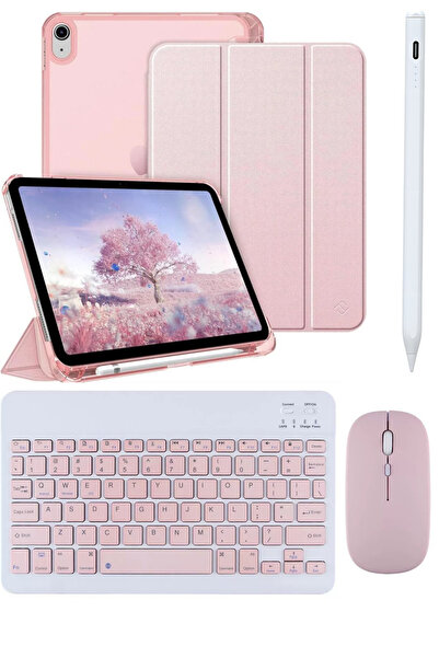 Covpor Apple iPad 11. NESİL A16 ve 10.NESİL 10.9 Uyumlu Flip Kılıf Rose + Bluetoothlu Klavye Mouse + Kalem