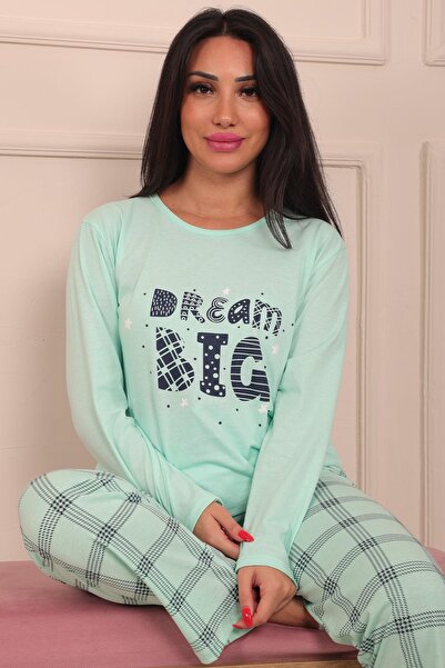 Niket Life Kadın Dream Big Sloganlı Bisiklet Yaka Uzun Kol Altı Uzun Penye Pijama Takımı