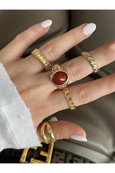 Pinery Jewels İri Renkli Taşlı Altın Kaplama Çoklu Yüzük Seti