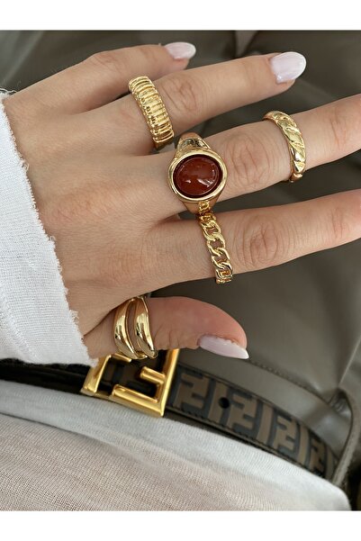 Pinery Jewels İri Renkli Taşlı Altın Kaplama Çoklu Yüzük Seti