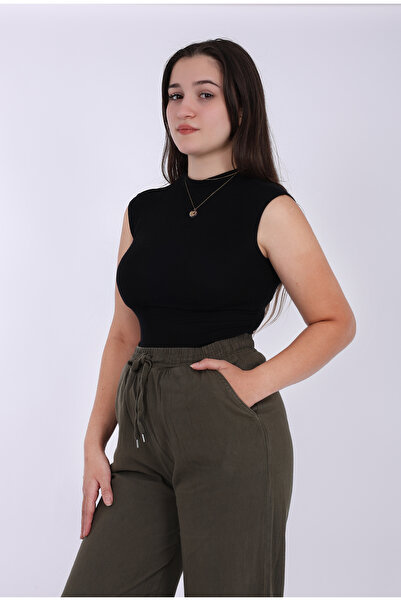 MYRAB DENİM Baggy Linen Women's Trousers Dark Khaki