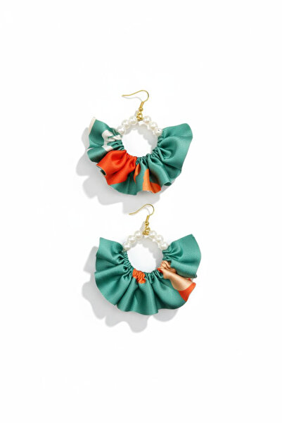 maia Green Orange Geometric Pattern Fabric with Pearl Design Hoop Earrings